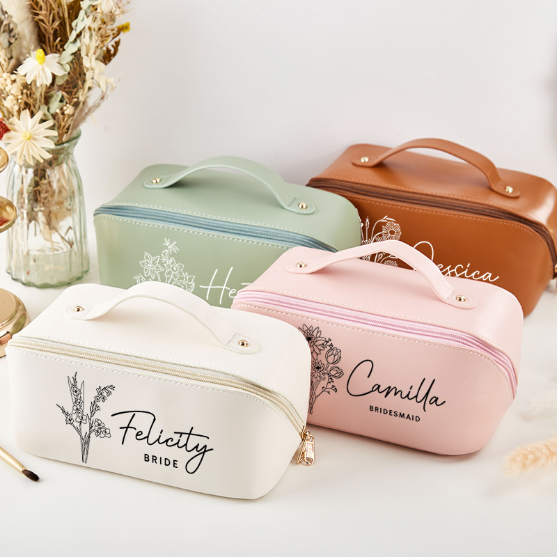 Personalized Bridesmaid Birth Flower Makeup Bag Custom Bride Wedding Cosmetic Bag Maid of Honor Toiletry Pouch Bachelorette Party Bridal Shower Gift