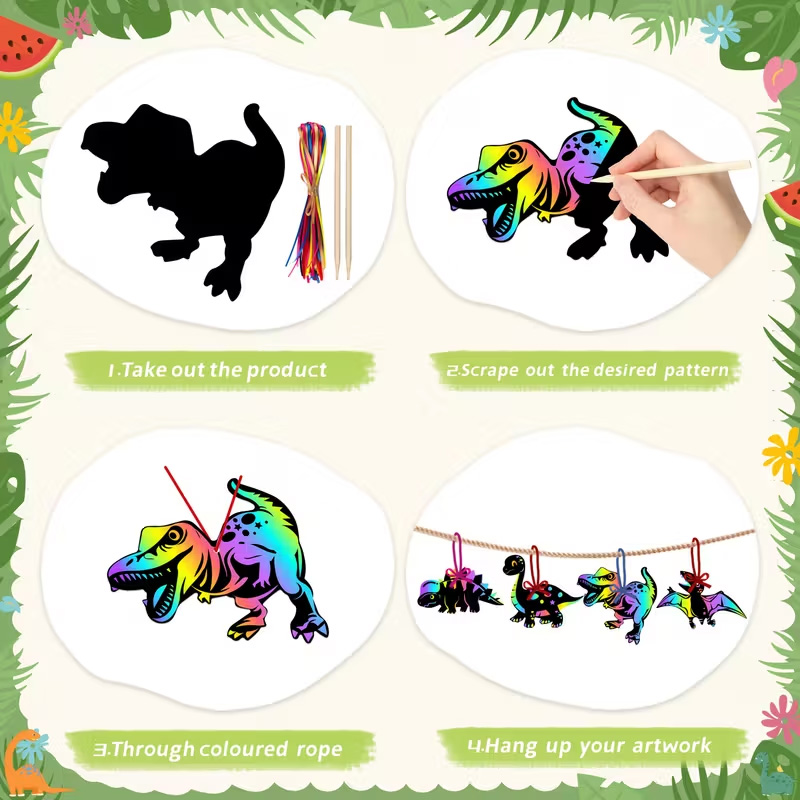 Personalized 48/24pcs Rainbow Dinosaur Scratch Art Set  Dinosaur Party and Room Decor Classroom Craft Birthday Party Supplies Gift for boy and girl Gift for kids Party Favors Event Organizers 