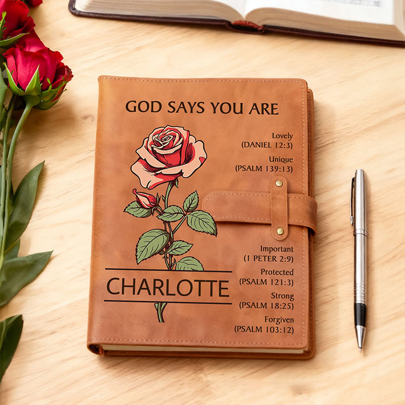 Personalized God Says you are Birth Flower PU Leather Notebook Cover with Name Religious Gift Birthday Gift for Christian