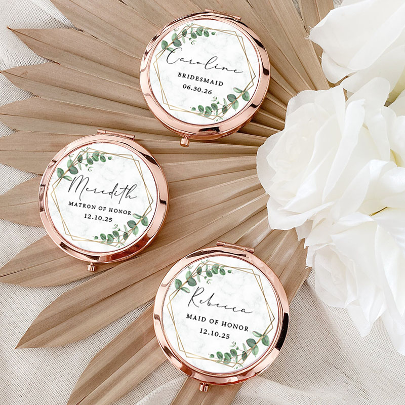 Personalized Maid of Honor Eucalyptus and Geometric Wreath Mirror Bride Compact Mirror Bachelorette Party Gift