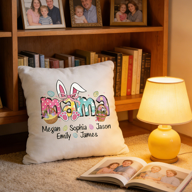 Personalized Mama Easter Pillow with Kids Names Custom Double Side Bunny Pillow Easter Gift for Mom Kids