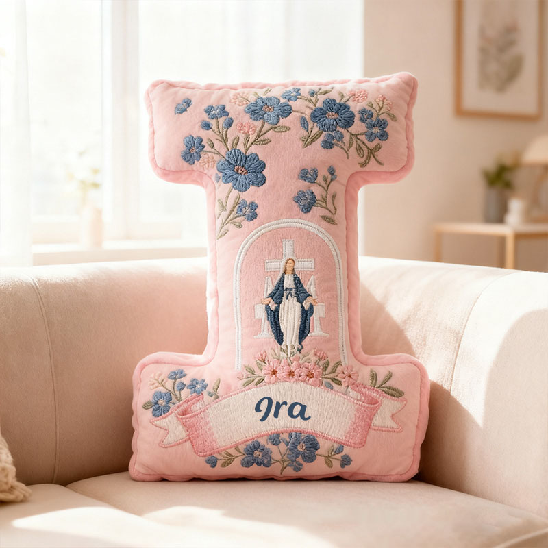 Personalized Virgin Mary Letter Pillow with Custom Name Home Decor Religious Gift Catholic Gift for Her Cross and Marian Graphic 3D Print Pillow
