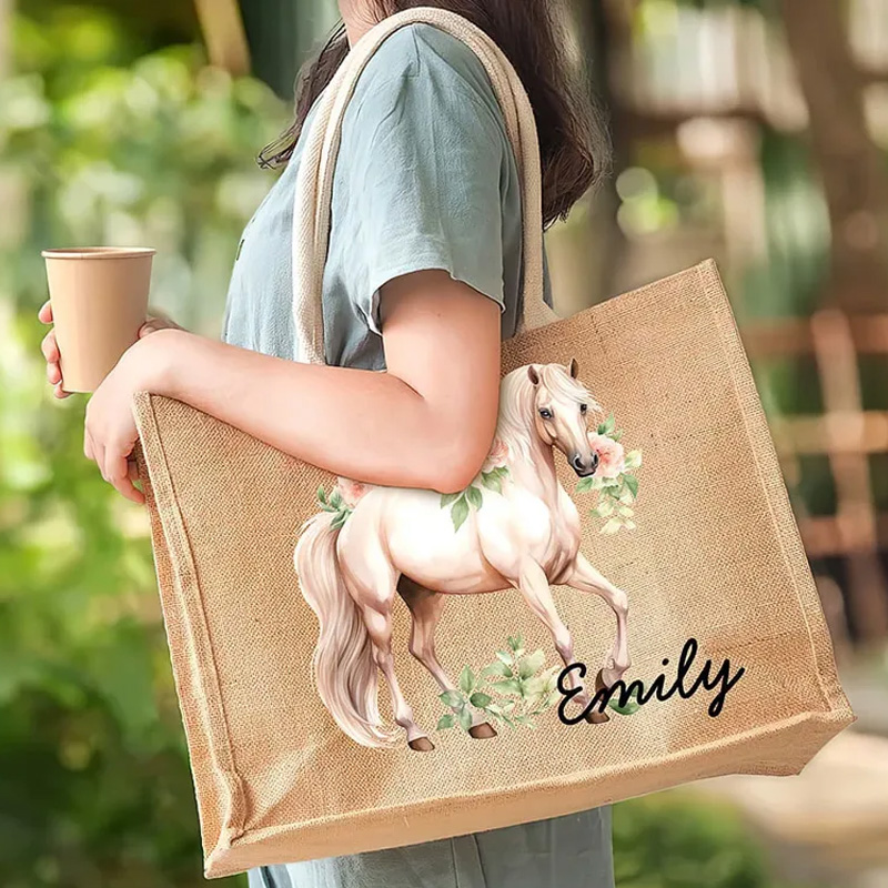 Personalized Floral Horse Reuseable Jute Tote Bag with Name Birthday Christmas Gift for Riding Lovers Equestrian Lovers