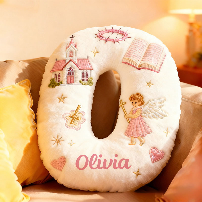 Personalized Little Angel Letter Pillow with Custom Name Kid Room Decor Church Cross Angel Bible Religious Faith Gift for Her Graphic 3D Print Pillow