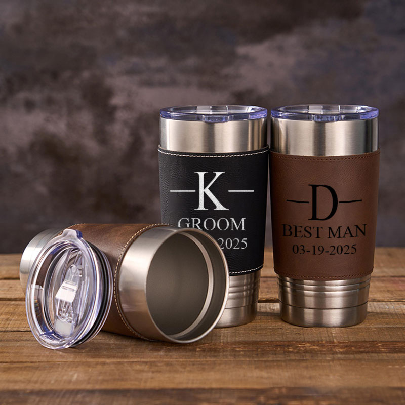 Personalized Wedding Party Tumbler Men’s 20oz Leather Tumbler Custom Groomsmen Gift Tumbler Groom Gift Best Man Bachelor Party Coffee Mugs