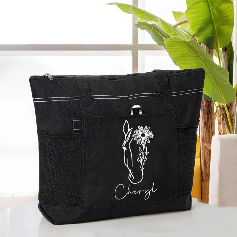Personalized Horse Birth Flower Oxford Large Tote Bag with Name Travel Essentials Birthday Gift for Riding Lovers