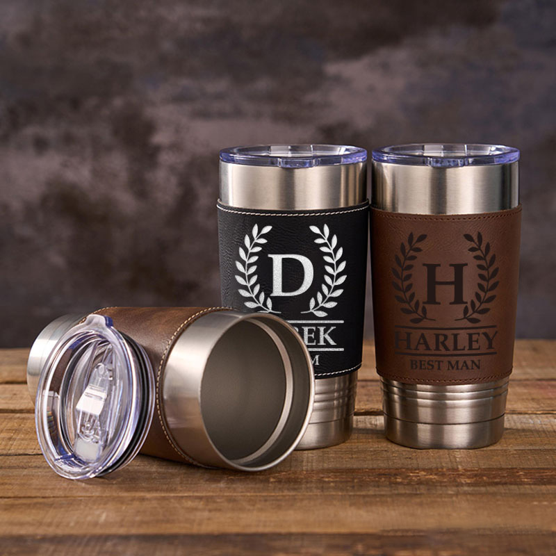 Personalized Engraved Groomsmen Tumbler 20oz Groomsman Tumbler with Leather Sleeve Men’s Coffee Mug for Groom Best Man Wedding Party Gift Tumbler