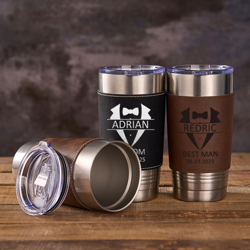 Personalized Groomsmen Gifts Tumbler 20oz Tumbler with Leather Sleeve for Men Groom Best Man Bachelor Party Gift Tumbler for Him