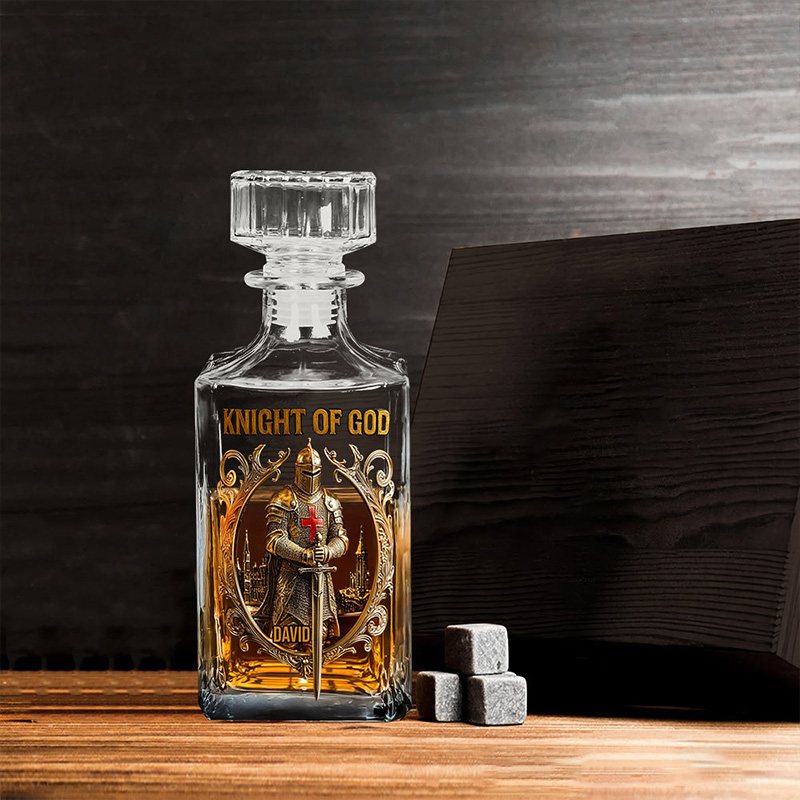 Personalized Knight of God Whiskey Decanter Set with Name Whiskey Glass Whiskey Bottle Religious Gift Christian Gift for Men