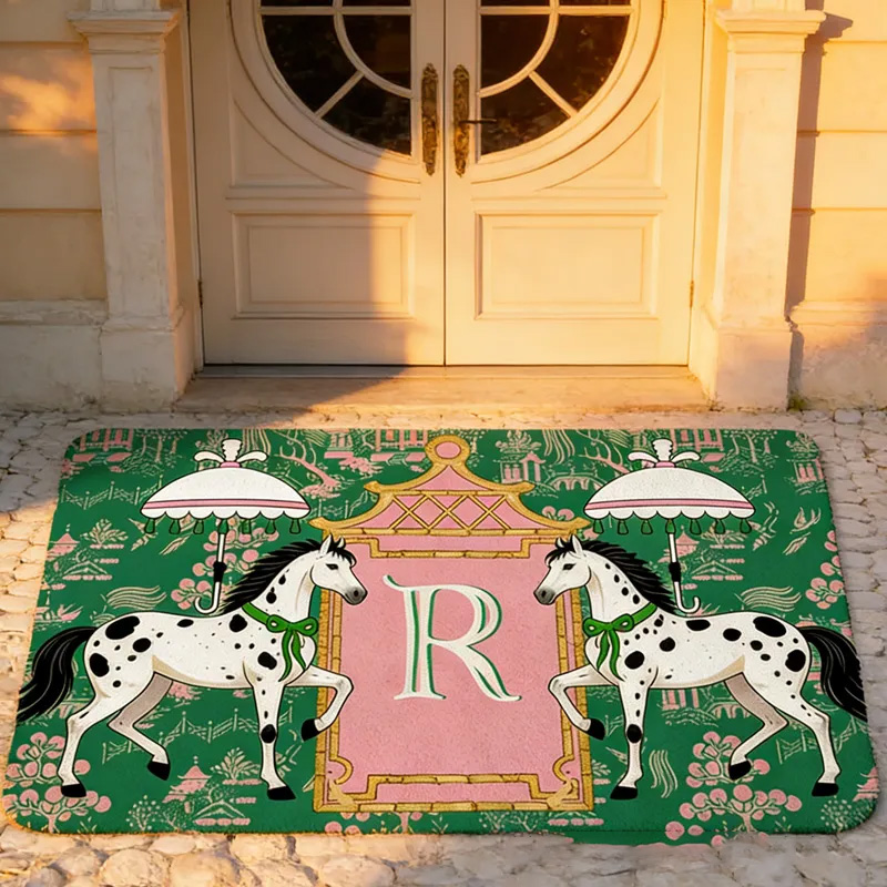 Personalized Horses Pagoda Chinoiserie Non Slip Door Mat with Initial Entryway Home Decor Housewarming Gift for Family for Riding Lovers Equestrian Lovers