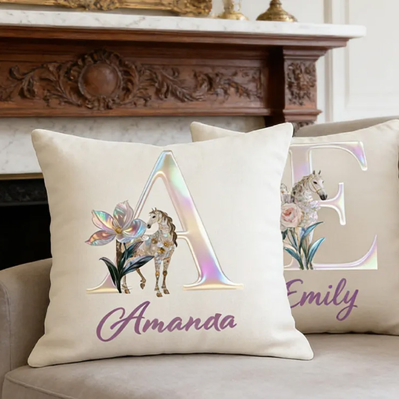 Personalized Horse Riding Birth Flower Initial Throw Pillow Cover with Name Home Decor Birthday Anniversary Gift for Horse Owner Lover Riding Lovers Equestrian Lovers
