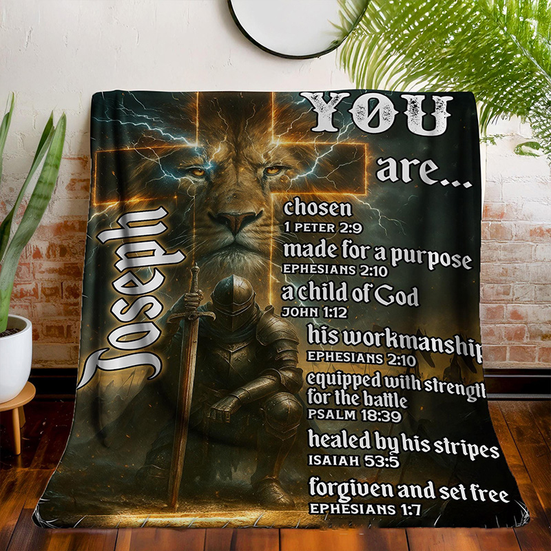 Personalized Lion of Judah You are Chosen Throw Blanket with Name Bible Verse Cross Home Decor Religious Gift Christian Gift for Men 