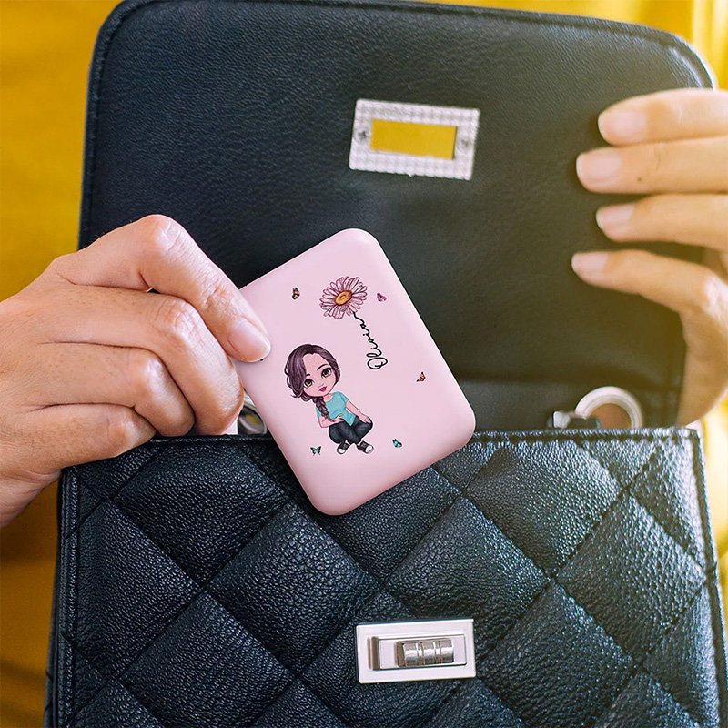 Personalized Cartoon Character Portable LED Double-Sided Compact Makeup Mirror with Birth Flower and Name Birthday Bridesmaid Gift for Women