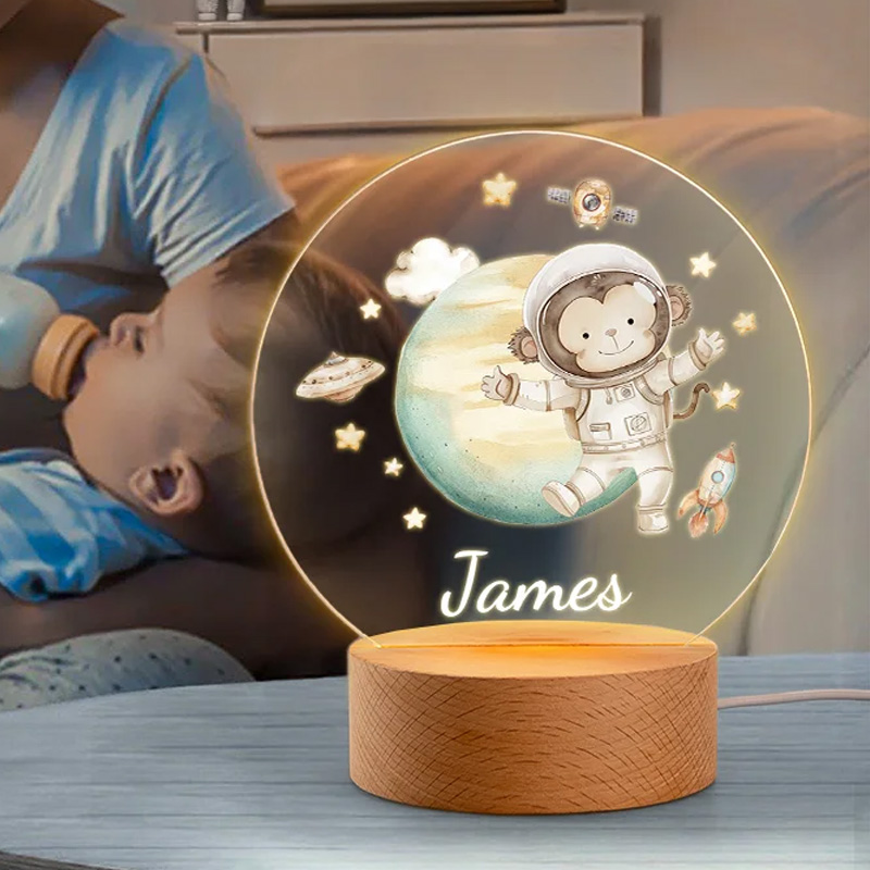 Personalized Cute Lion Bear Animal Astronauts Solar System Planets LED Night Light with Name and Wooden Base Nursery Decor Birthday Gift for Geek Lover