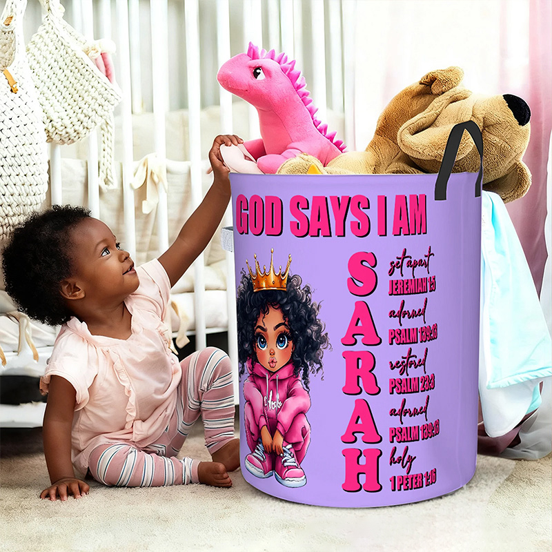 Personalized Cartoon Black Girl Bible Verse Name Storage Basket with Name Laundry Decor Daily Use Religious Gift for Girl