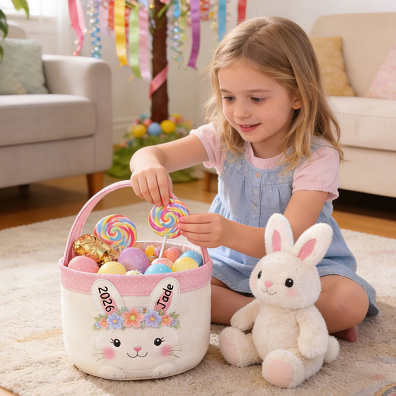 Personalized Easter Bunny Basket Custom Easter Basket Pink Easter Bunny Easter Basket for Girls Kids Gift for Easter