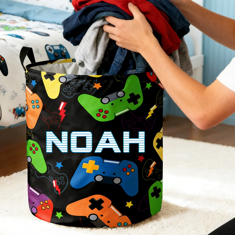 Personalized Gamepad Waterproof Laundry Basket with Handle and Name Bedroom Laundry Room Birthday Gift for Gamer Geek Lover
