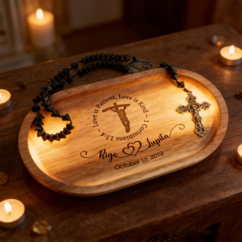 Personalized Love is Patient Wooden Rosary Tray Jewelry Holder with Custom Name and Date Religious Gift Anniversary Wedding Gift Catholic Gift