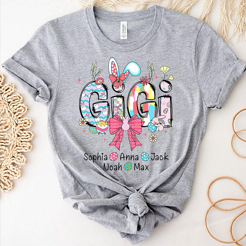 Personalized Gigi Easter Shirt with Grandkids Names, Cute Bunny Spring Family Tee Easter Gift for Grandma