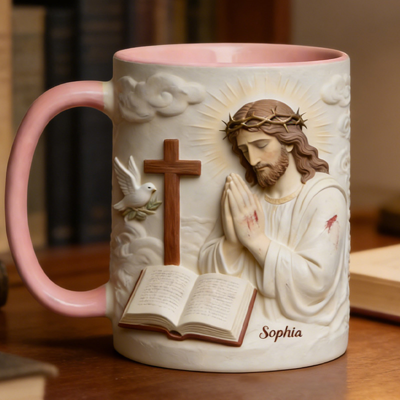 Personalized Jesus Pray 11oz Ceramic Mug with Custom Name 3D Design Coffee Cup Religious Gift Faith Gift for Christians