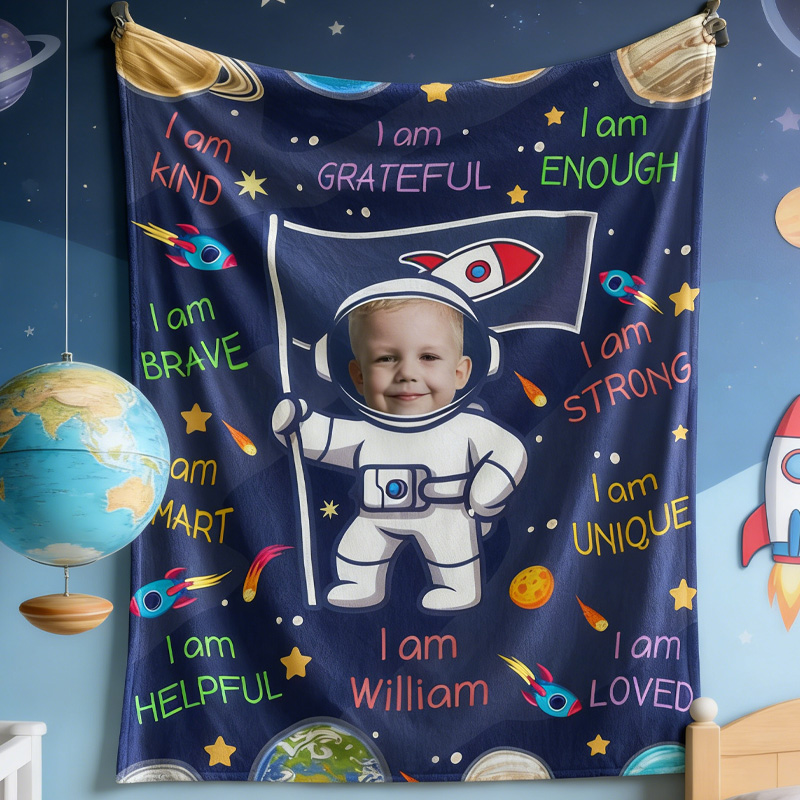 Personalized Cute Astronaut Galaxy Photo Name Throw Blanket with Positive Affirmations Phrase Birthday Gift for Geek Lover