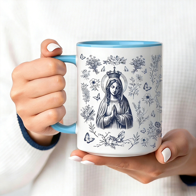 Personalized Virgin Mary Toile 11oz Ceramic Mug with Name Our Lady Mug Vintage Floral Marian Coffee Cup Catholic Christian Gift for her