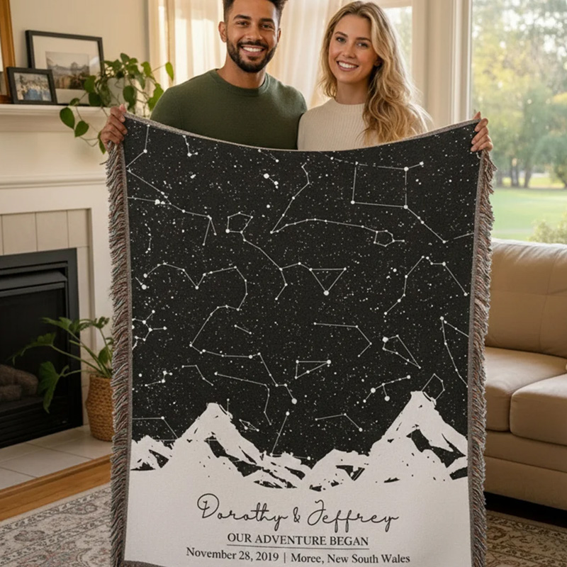 Personalized Star Map Moon Phase Soft Throw Blanket with Name Title Date and Location Home Decor Valentine's Day Wedding Anniversary Gift for Couple Geek Lover