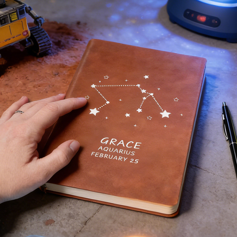 Personalized Zodiac Name Leather Notebook Birthday Gift for Astrology Geek Lovers