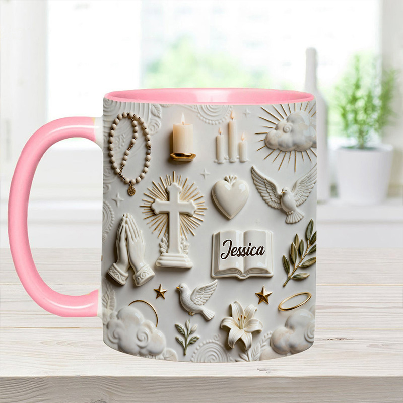 Personalized Cross Bible Dove 11oz Ceramic Mug with Name Prayer Hand 3D Coffee Cup Religious Gift Faith Gift for Christians