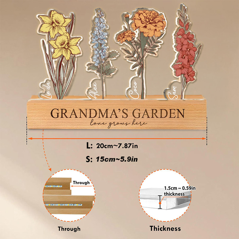 Personalized Birth Flower Acrylic LED Light With Kids Name Mom's Garden Night Light Custom Crystal Flower Display Wooden Base Birth Month Floral Decor Mother's Day Gift for Mom