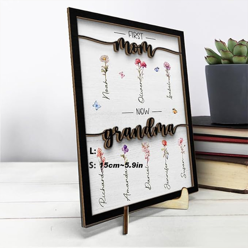Personalized Birth Month Flower First Mom Now Grandma Custom Two-layer Wooden Plaque Gift for Grandma Grandparent Mother's Day Birthday
