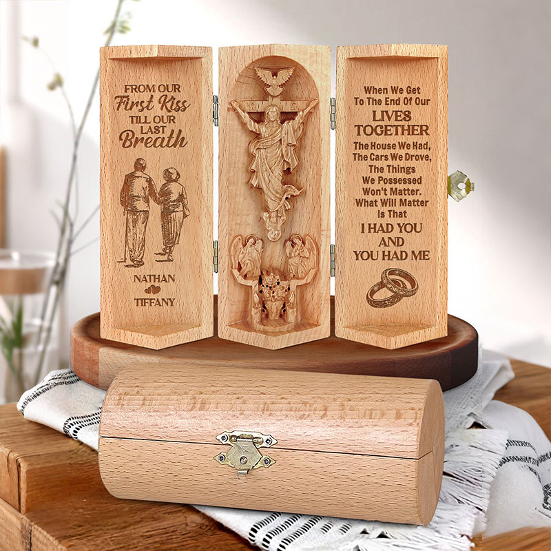 Personalized From Our First Kiss Till Our Last Breath Openable Wooden Cylinder Sculpture of Jesus Christ with Names Religious Gift for Couple