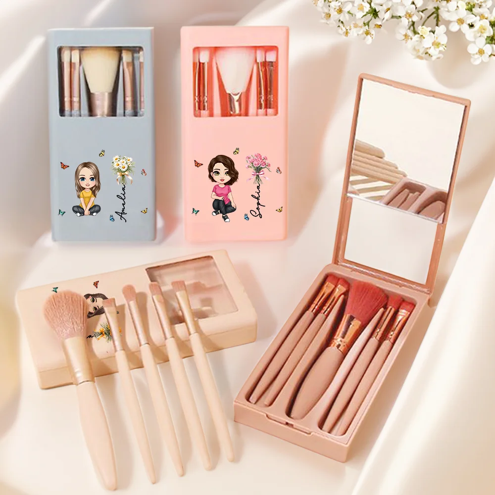 Personalized Birth Flower Bouquet Name Cartoon 5 Pcs Makeup Brush Bridesmaid Gift Storage Box Set with Mirror Birthday Bridal Shower Gift for Her