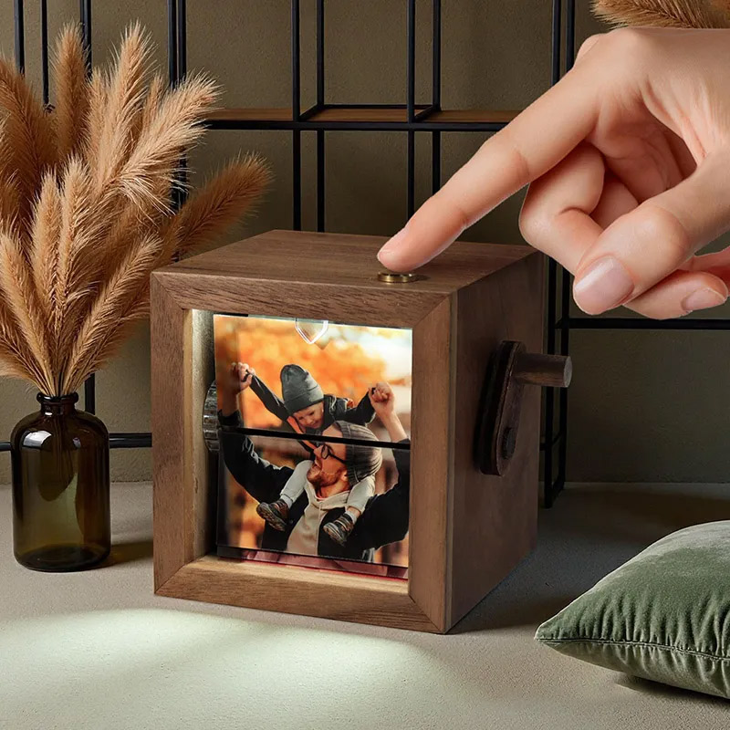 Personalized Lighted Photo Flipbook Box Hand-Cranked Wooden Memory Album Custom Photo Flipbook Frame Gift for Family