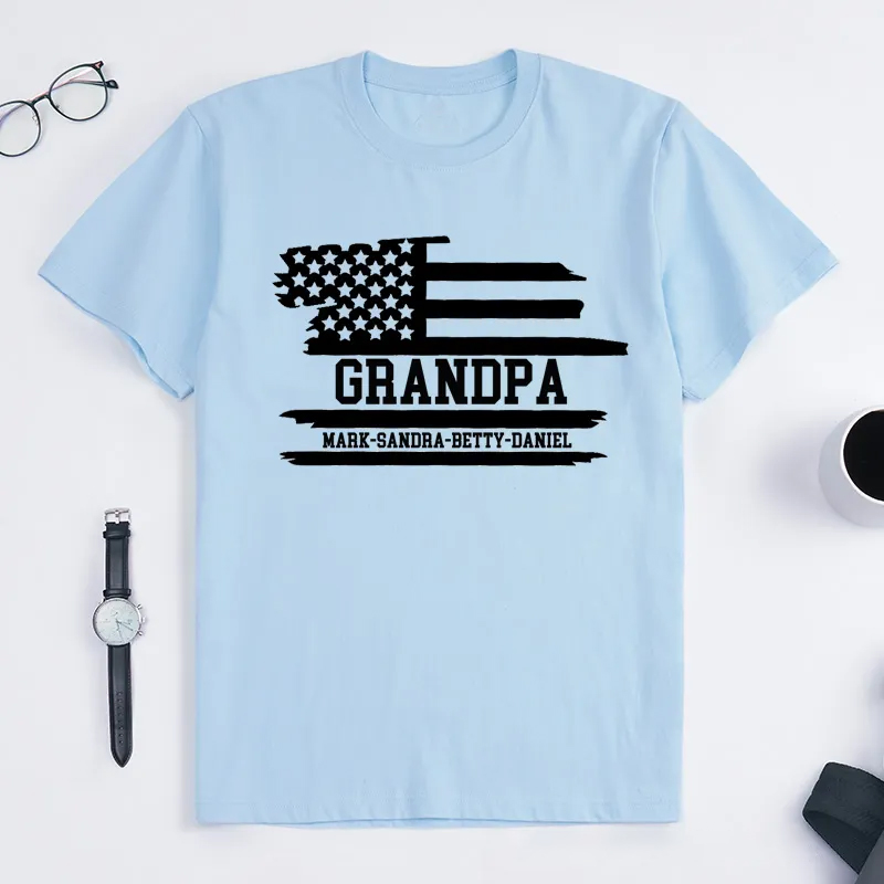 Personalized Grandpa Flag T-Shirt with Grandkids Names Gift for Grandfather Father's Day Birthday Comfortable Cotton Shirt for Men