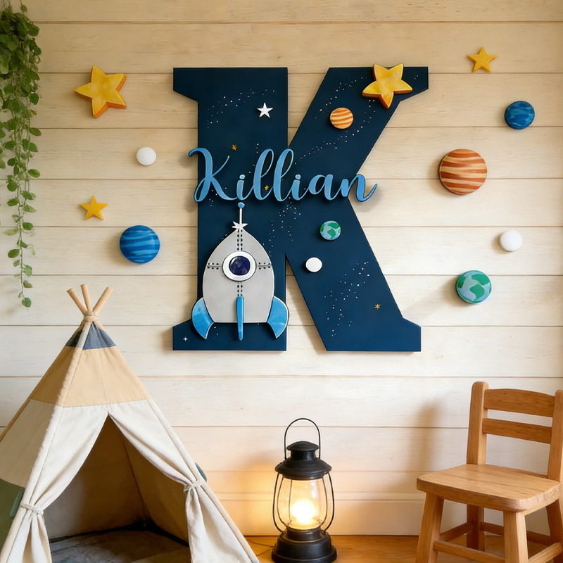 Personalized Initials Rocket 3D Wall Space Home Decor for Geek Lover