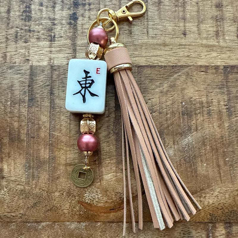 Handmade Mahjong Tile Bag Charm with Tassel Mixed Beads Mahjong Tile Keychain