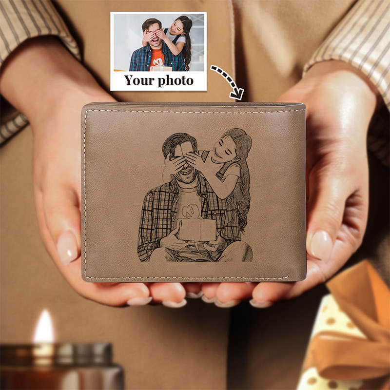 Personalised Doll Engraved Leather Men's Wallet Custome Name Folding Wallet With Kids Name for Dad Father's Day Gift