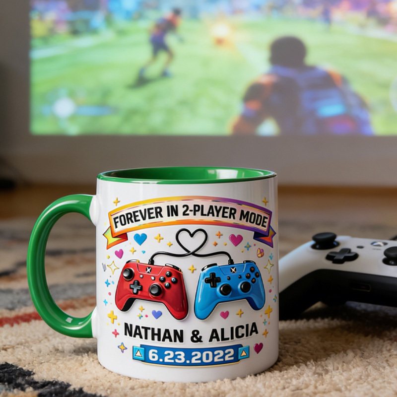 Personalized Gamer Player Two Couple Coffee Mug Gaming Controller Mug with Names and Date for Geek Lover