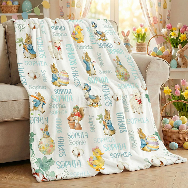 Personalized Cute Easter Rabbit Bunny Soft Throw Blanket with Name Back to School Birthday Easter Gift for Kids