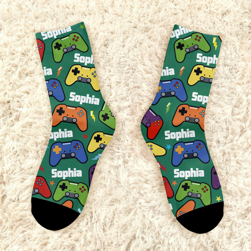 Personalized Multicolor Game Controller MidCalf Socks with Name Daily Use Birthday Gift for Game Friend Geek Lover