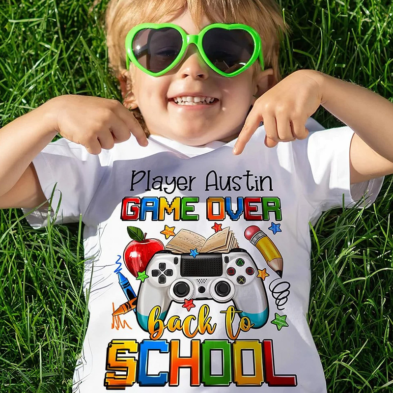 Personalized Multi-color Game Over Back To School 100 Cotton Kid T-shirt with Name School Season Gift for Girls Boys Geek Lover