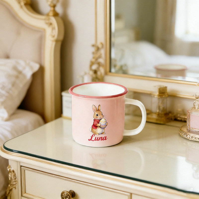 Personalized Cute Easter Egg Rabbit Bunny Enamel Mug with Name Back to School Birthday Easter Gift for Kids