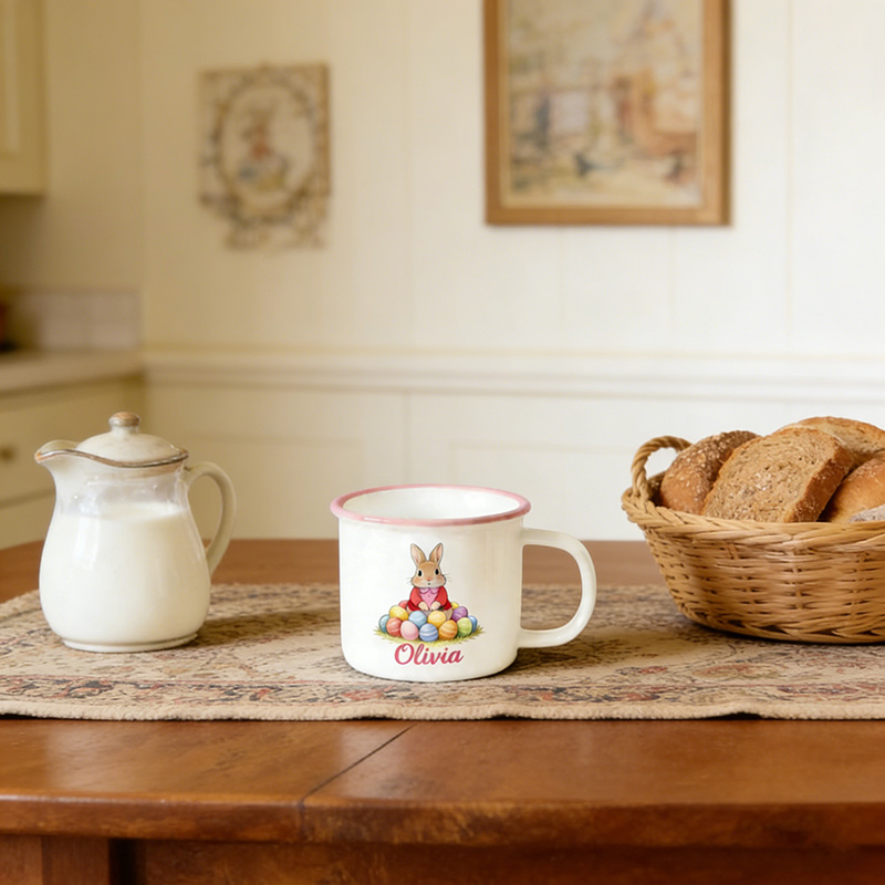 Personalized Cute Easter Egg and Rabbit Bunny Enamel Mug with Name Back to School Birthday Easter Gift for Kids