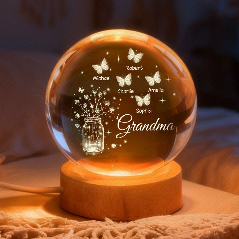 Personalized Grandma Butterfly Flower Jar Crystal Ball LED Night Light Birthday Mother's Day Gift for Grandma