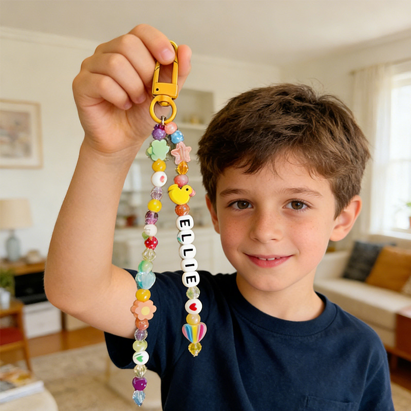 Personalized Name Keychain Kit gift for kids DIY Hearts and Flowers Beaded Party Activity Custom Friendship beaded Retro Keychain Class Activity Kit 