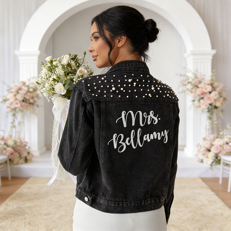 Personalized Denim Jacket Wedding Denim Jacket with Pearls Custom Mrs Bride Jean Jacket Bridal Gift Wedding Gift Mrs Jacket Pear Gift