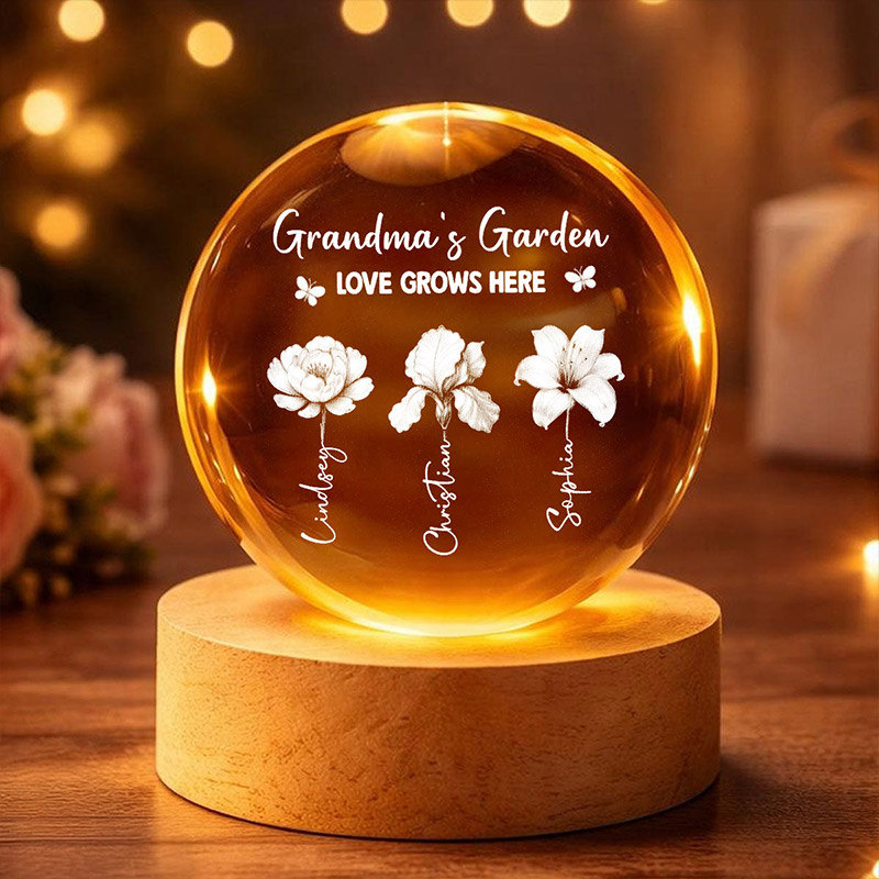 Personalized Grandma's Garden 3D Effect Birth Month Flowers Crystal Ball LED Night Light Birthday Mother's Day Gift for Grandma