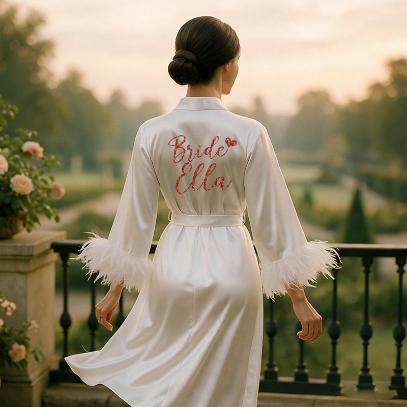 Personalized Feather Robe for Bride Bridesmaid Satin Bridal Robe Personalized Robe with Feathers Bachelorette Gift Custom Bridal Robe for Wedding Day