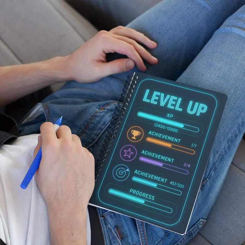 Personalized Gamer XP Tracker Spiral Notebook Gaming Design Productivity Log for Geek Lover